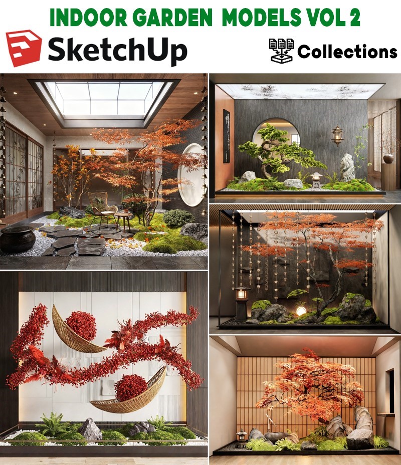 INDOOR GARDEN SKETCHUP,model sketchup tiểu cảnh trong nhà, sketchup indoor garden design, model bonsai interior sketchup, sketchup zen garden interior,
