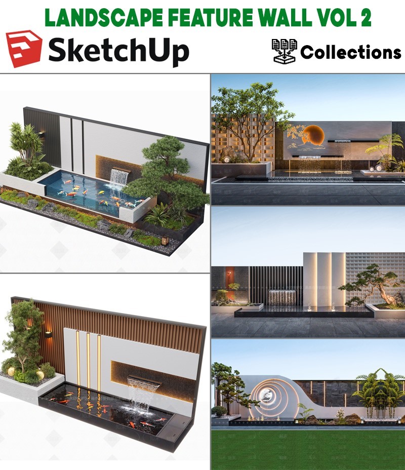 model sketchup tường cảnh quan, sketchup landscape feature wall, model cổng công trình sketchup, sketchup entrance wall design