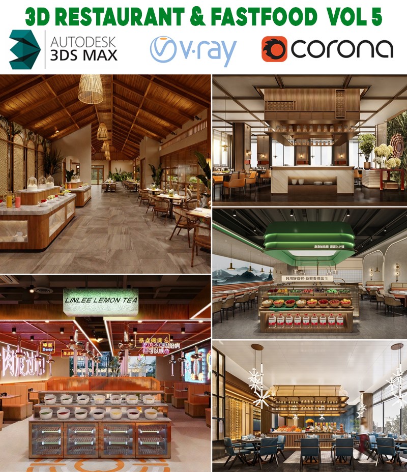 model 3d nhà hàng buffet fastfood food court hiện đại