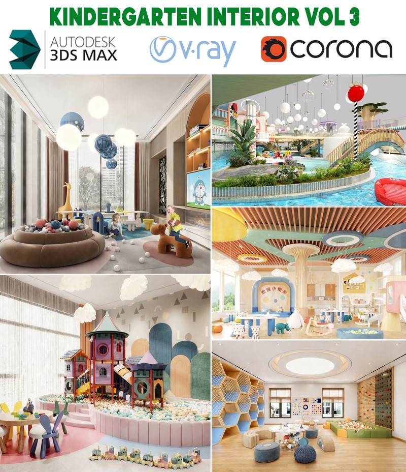 model 3d trường mầm non lớp học trẻ em đầy màu sắc