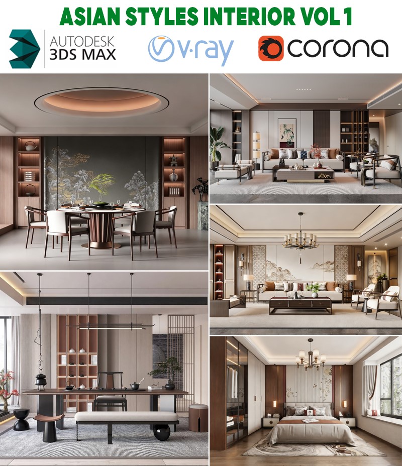 model 3d nội thất á đông phong cách neo china hiện đại