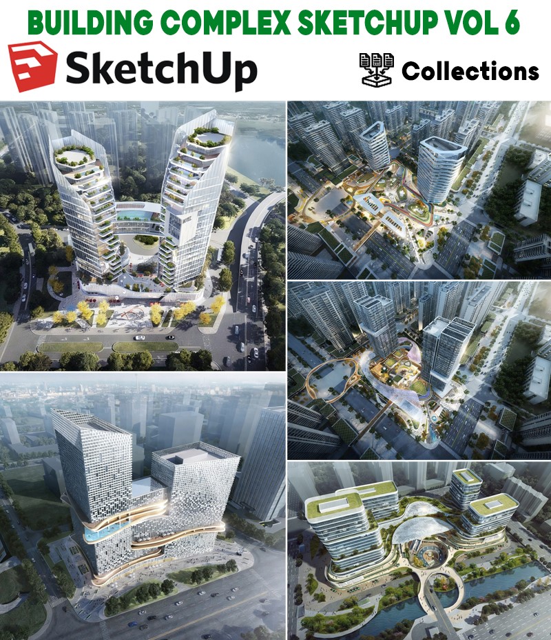 building complex sketchup , tổ hợp công trình sketchup hiện đại, mixed use sketchup exterior, commercial complex sketchup, apartment complex sketchup , urban design sketchup, model khu phức hợp sketchup, facade building complex sketchup, exterior architecture sketchup, scene kiến trúc đô thị sketchup